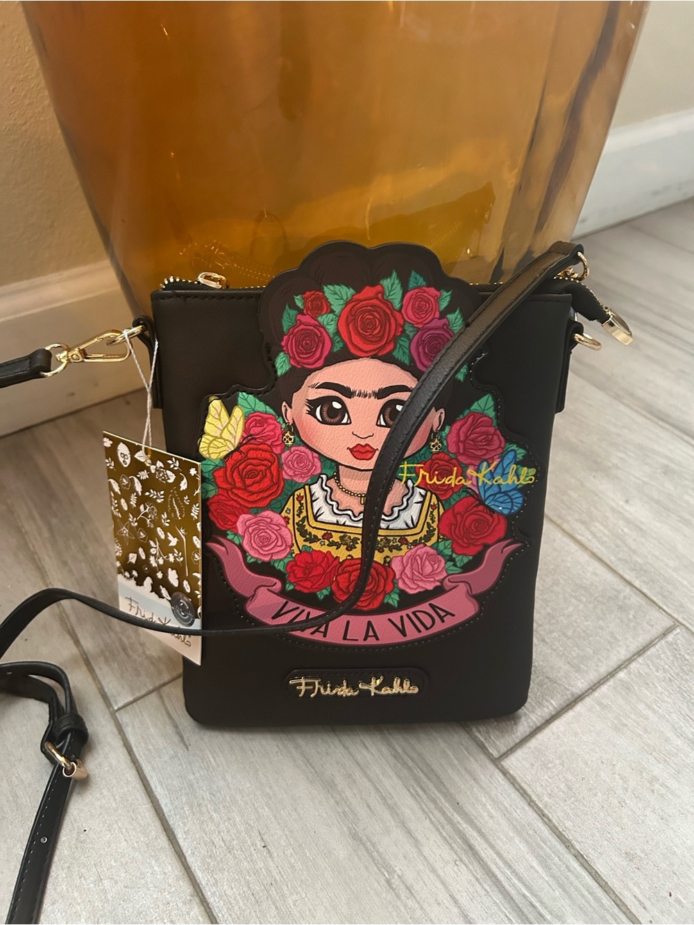 Frida Kahlo Black Floral Embroidered Crossbody Bag